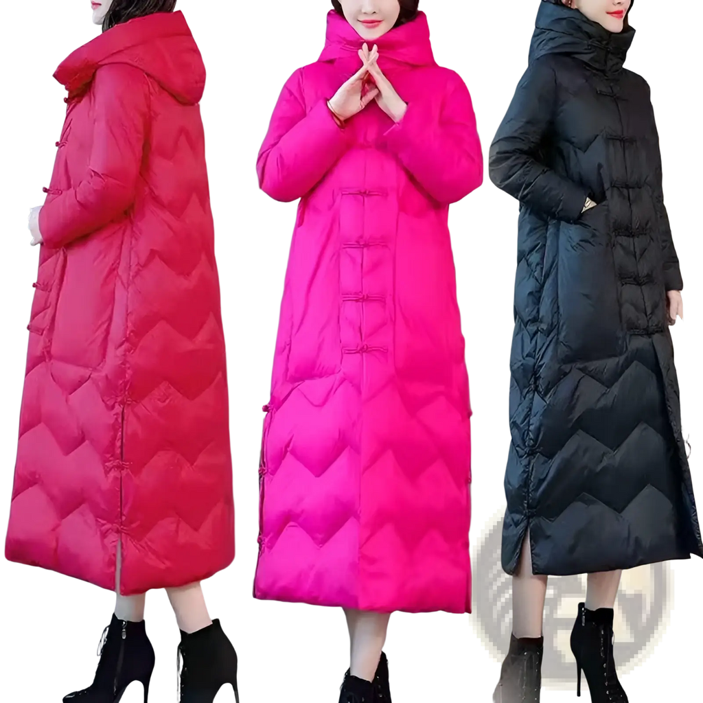 Three vibrant quilted down coats in red pink and black with chinese frog button closures for winter wear