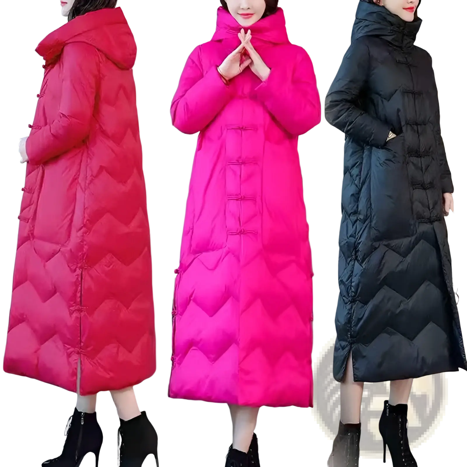 Three vibrant quilted down coats in red pink and black with chinese frog button closures for winter wear