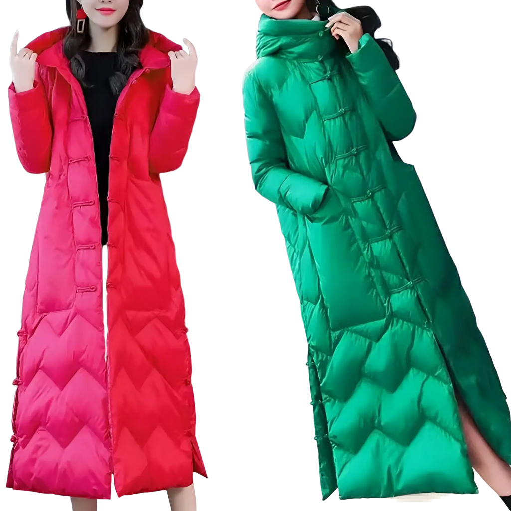 Two women model Chinese frog button quilted down coats in vibrant red and emerald green with toggle closures