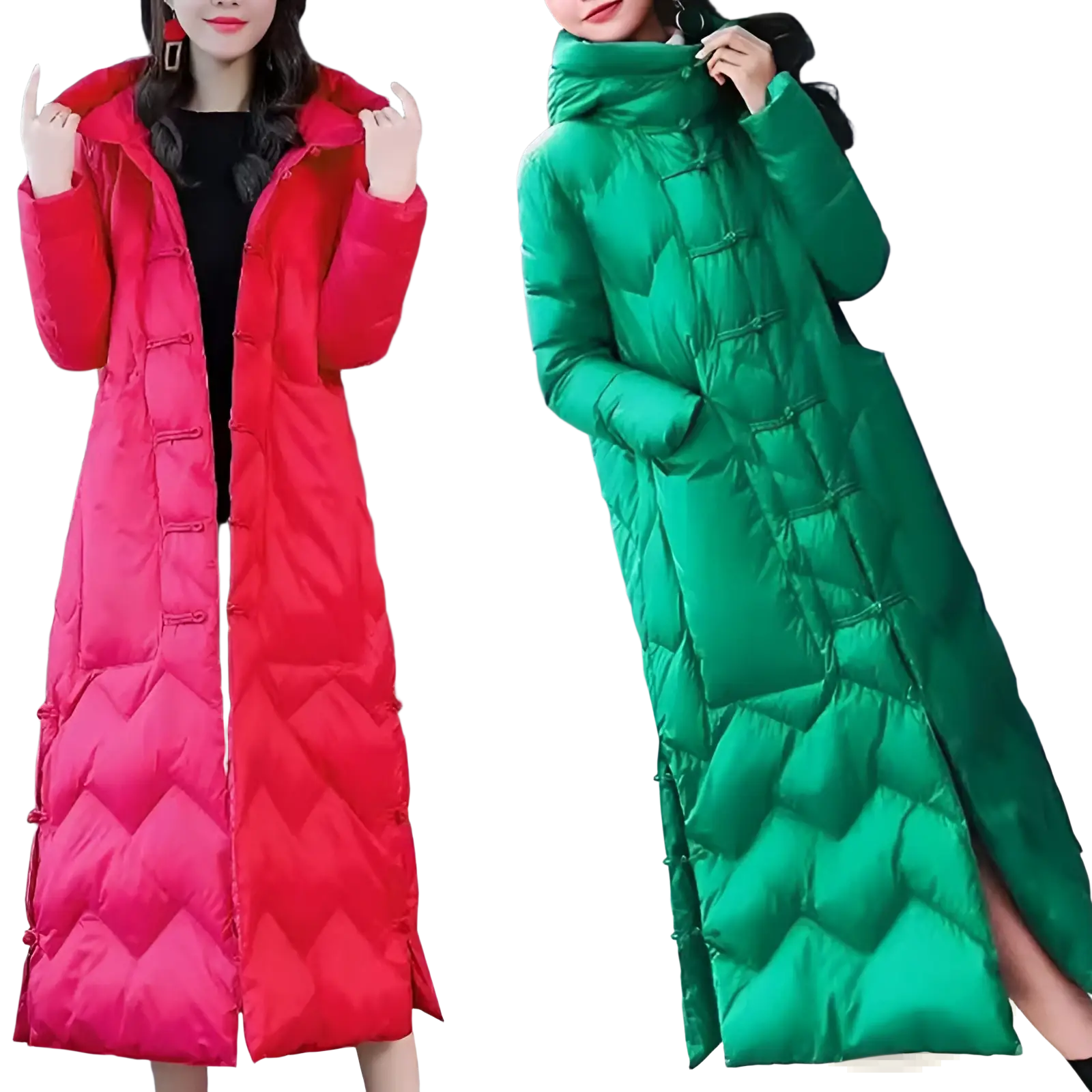 Two women model Chinese frog button quilted down coats in vibrant red and emerald green with toggle closures