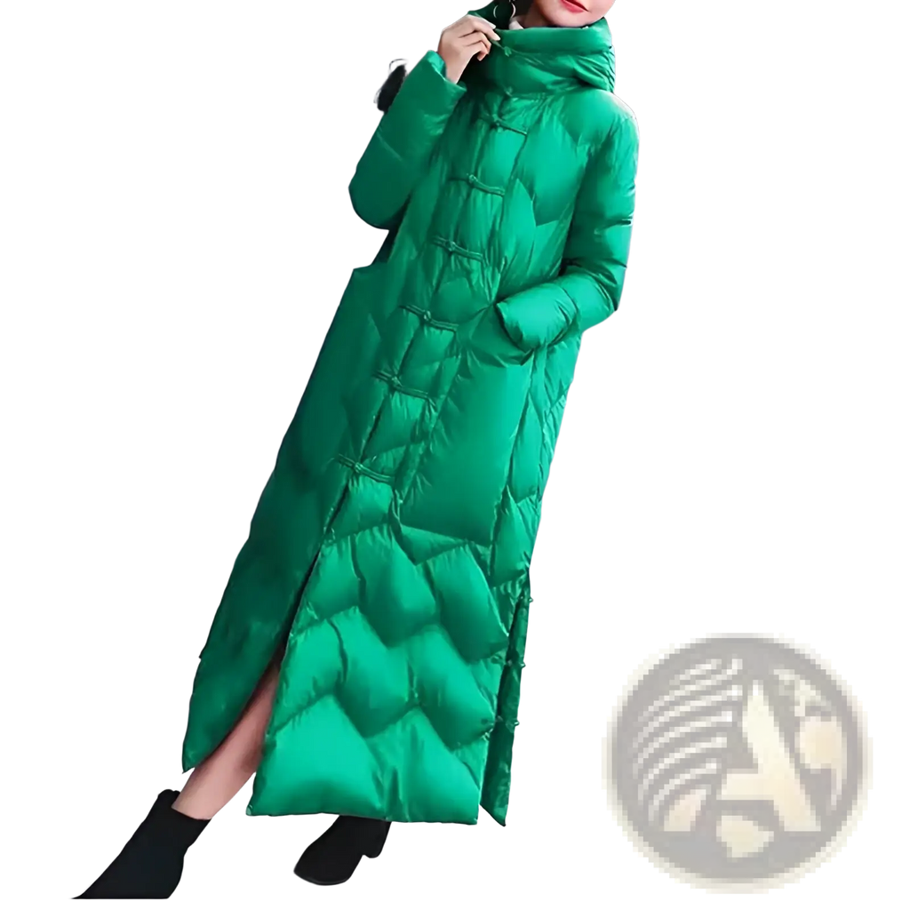 Vibrant emerald green longline quilted down coat with traditional Chinese frog button closures and a high collar