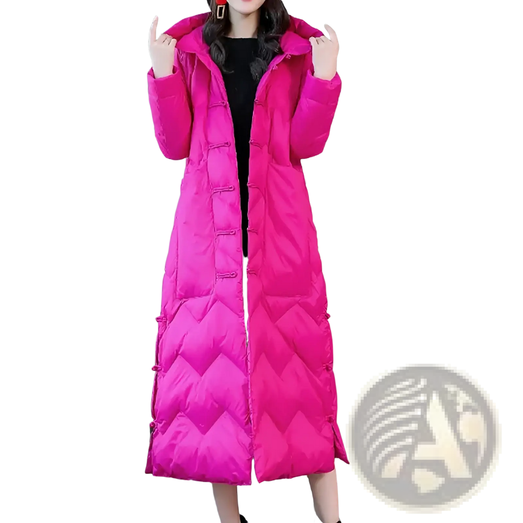 Vibrant fuchsia quilted down winter coat with traditional chinese frog button toggle closures