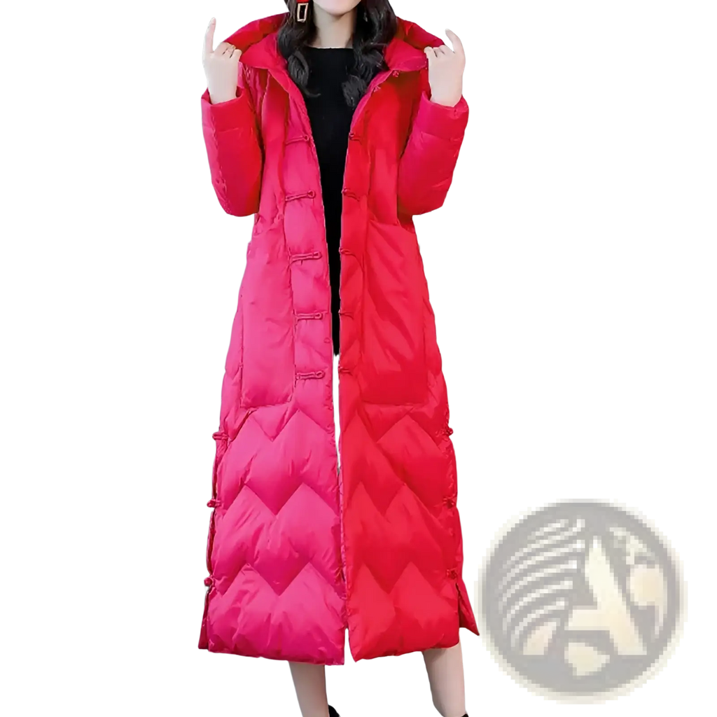 A vibrant red longline quilted down coat with hood and traditional Chinese-style frog button closures