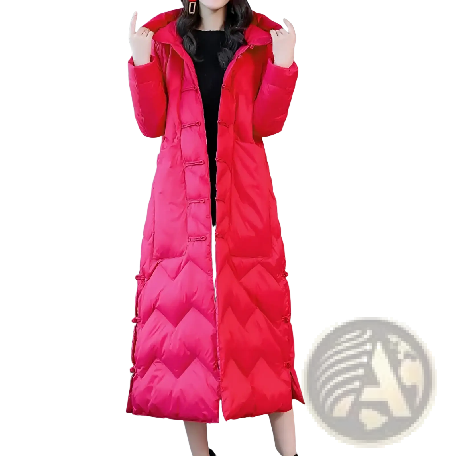 A vibrant red longline quilted down coat with hood and traditional Chinese-style frog button closures