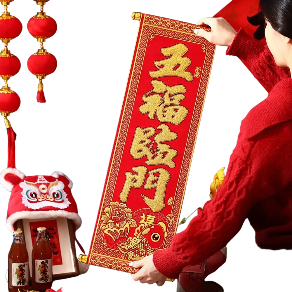 Chinese New Year blessing scroll in red and gold with golden five blessings calligraphy and intricate floral patterns