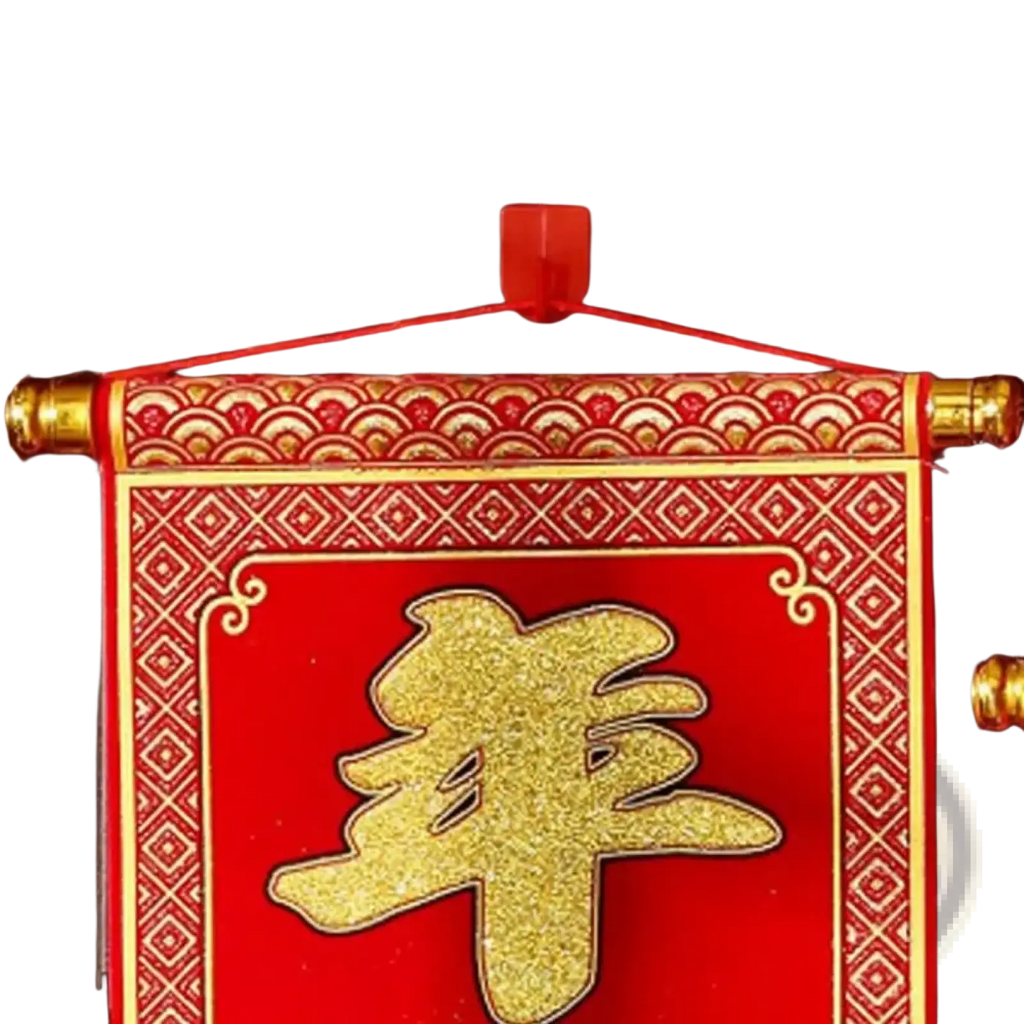 Chinese New Year blessing scroll featuring red and gold decorative paper with a glittery golden Chinese character 年