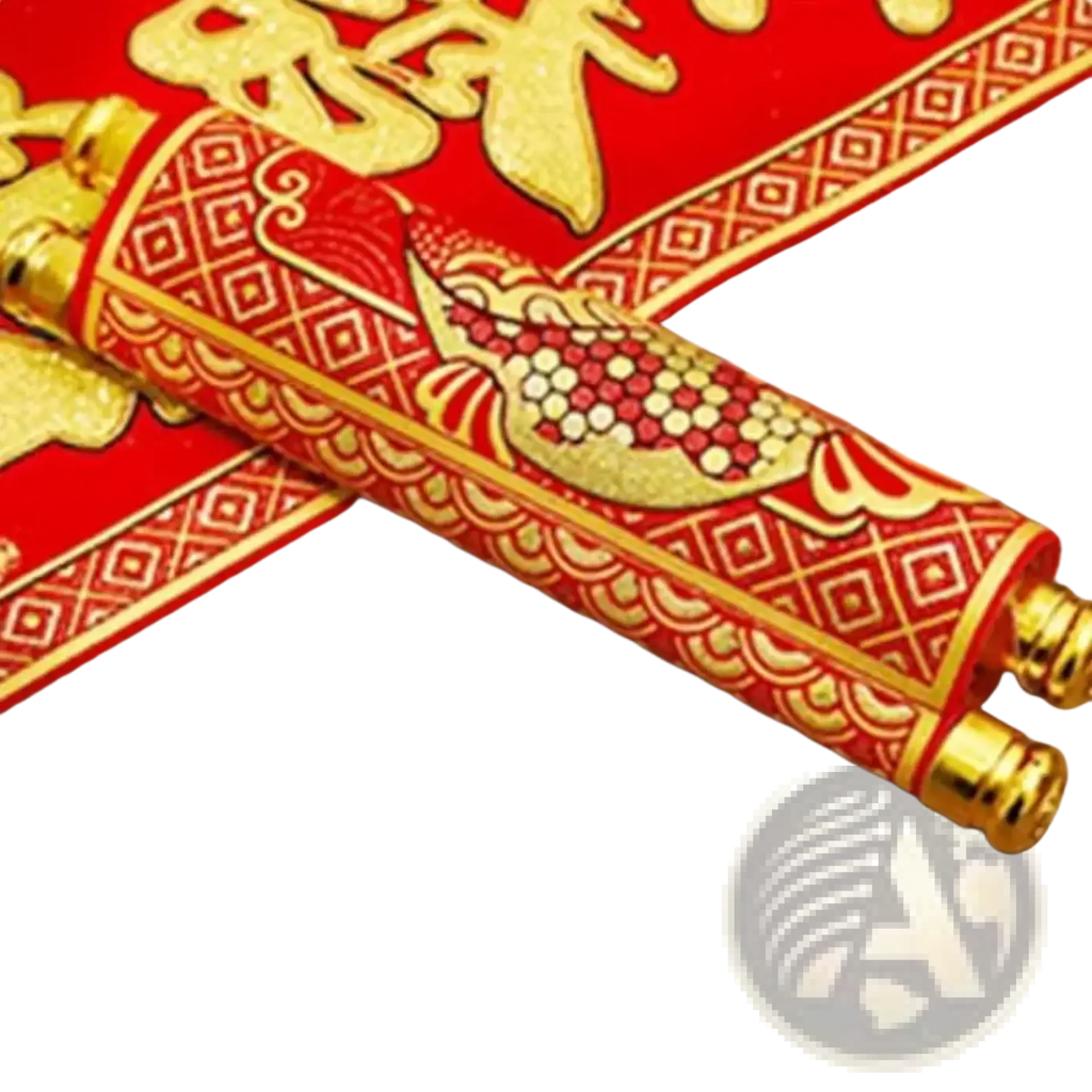 Red and gold chinese new year blessing scroll with intricate patterns and golden fish design for festive decor