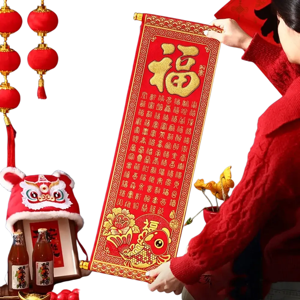 Red and gold traditional chinese new year blessing scroll with large golden fu character intricate calligraphy and fish motifs