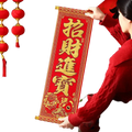 A vibrant red chinese new year blessing scroll with gold calligraphy and floral patterns featuring 招财进宝 characters