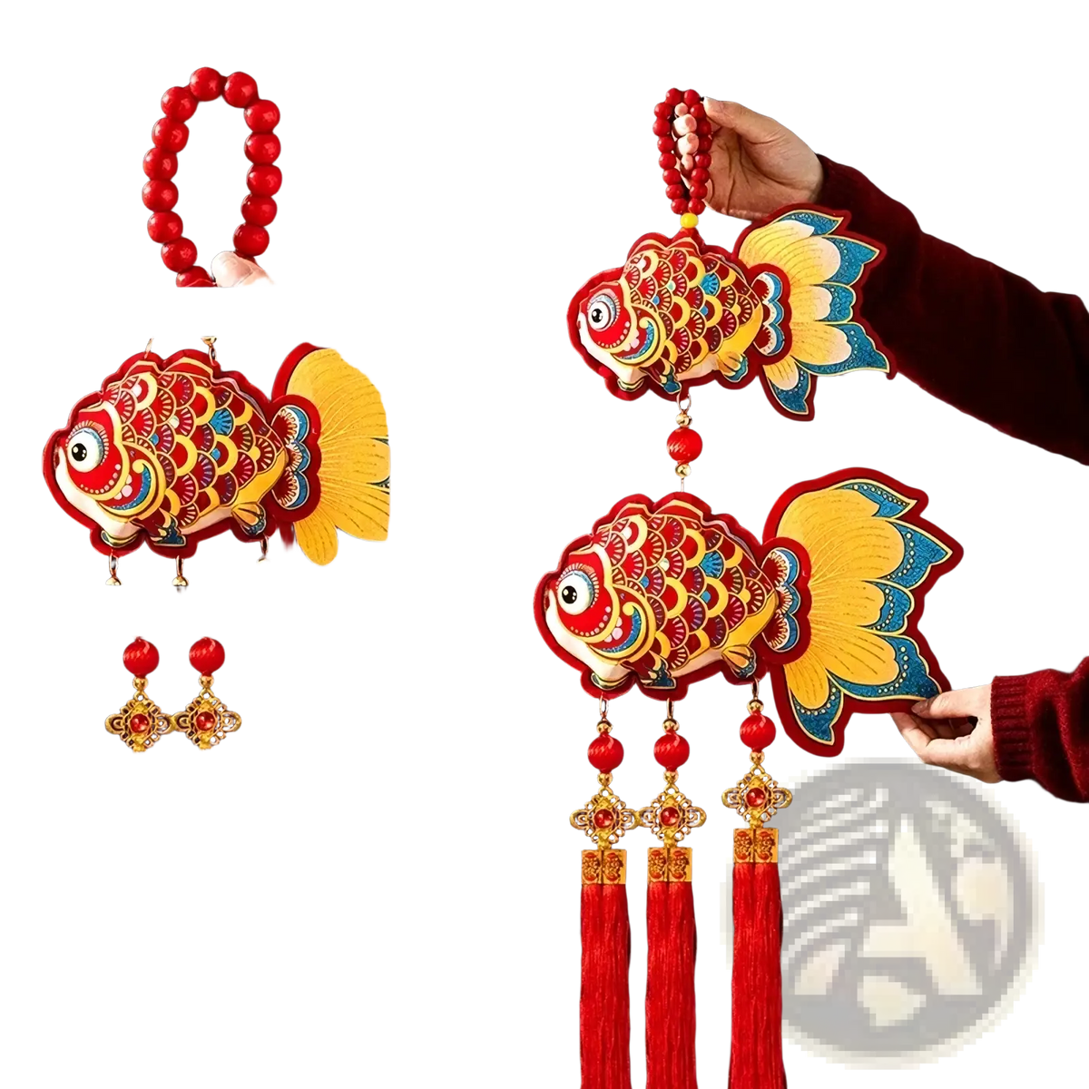Vibrant red and gold gilded fish ornaments with yellow fins hanging from wooden bead ropes with plush tassels for chinese new year horse decor