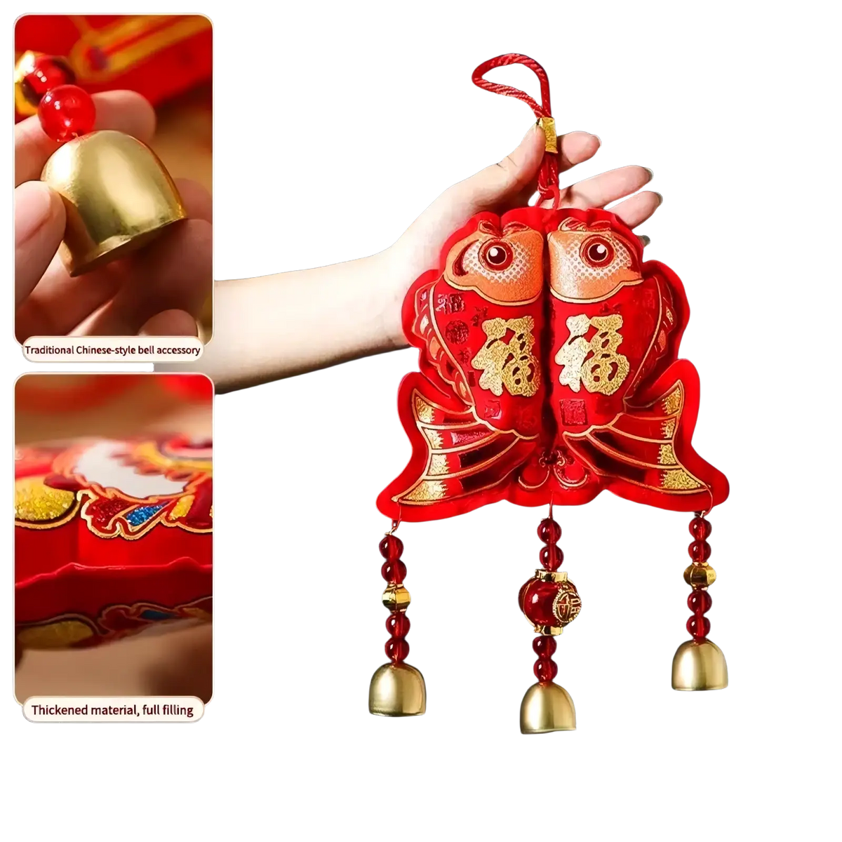 Chinese new year horse hanging ornament featuring a red embroidered fish shape with gold chinese characters and bells