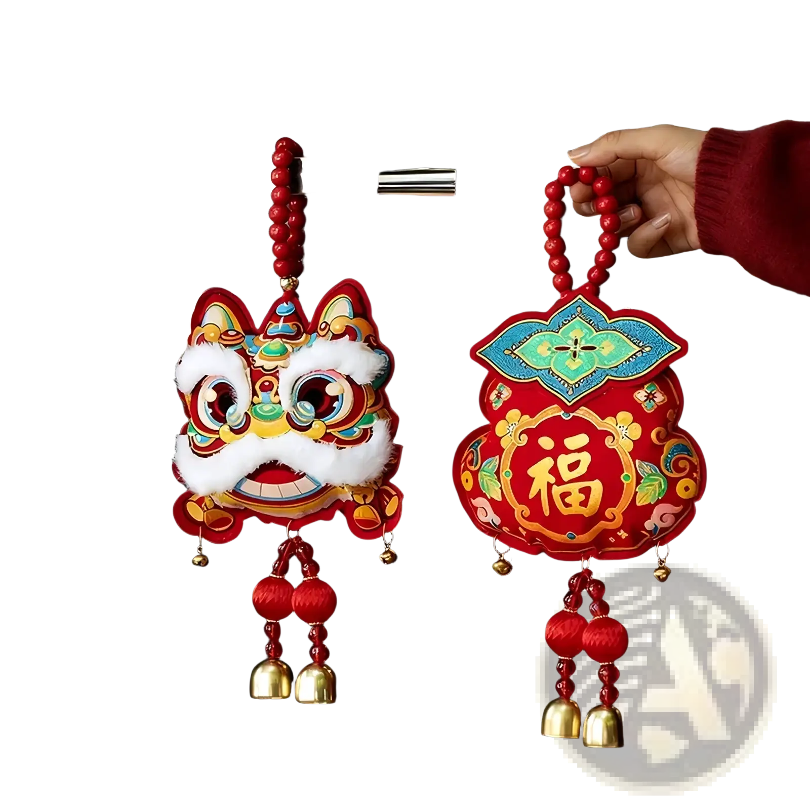 Red embroidered chinese lion and 福 character door hangings with beaded chains and golden bells for festive decor