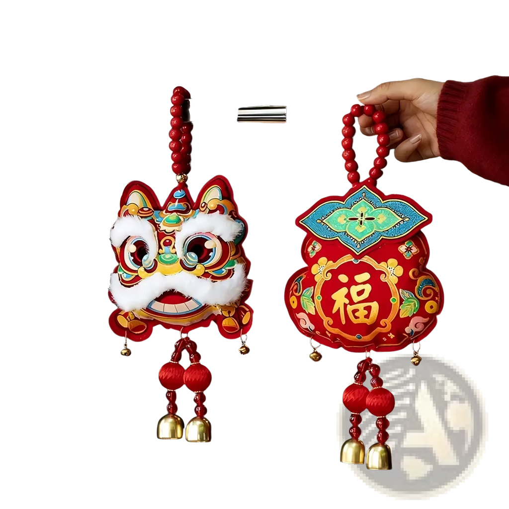 Red embroidered chinese lion and 福 character door hangings with beaded chains and golden bells for festive decor