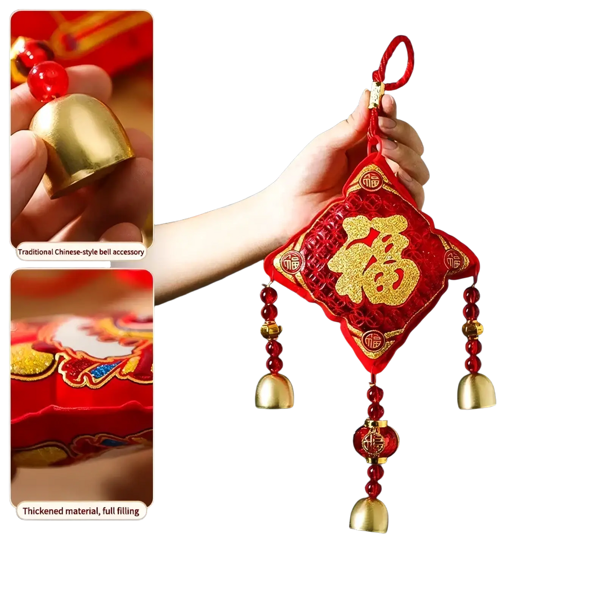 Red embroidered chinese new year horse hanging ornament with gold fu character and dangling golden bells tassel decor