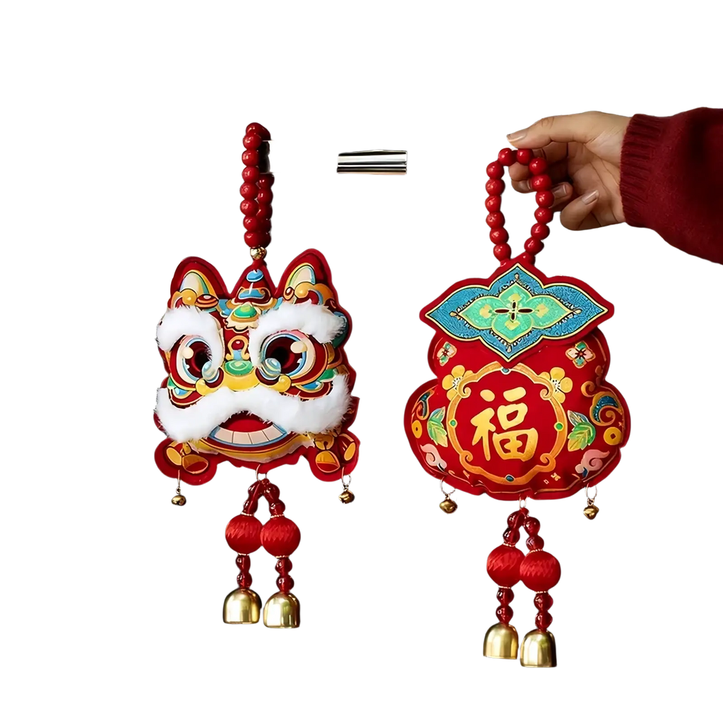 Red embroidered chinese lion and 福 character door hangings with beaded chains and golden bells for festive decor