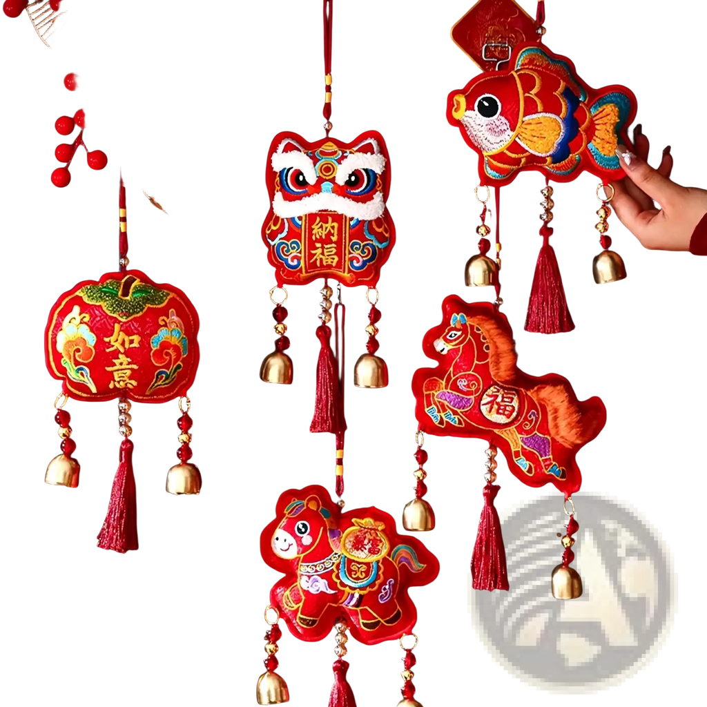 Red embroidered chinese new year horse hanging ornament with lion fish horses gold accents tassels and bells