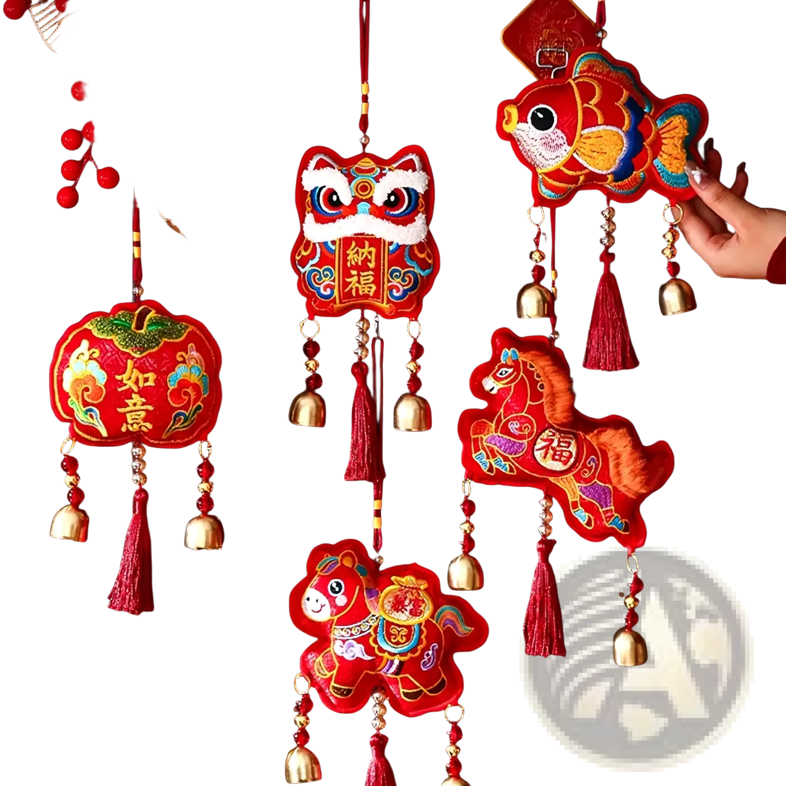 Red embroidered chinese new year horse hanging ornament with lion fish horses gold accents tassels and bells