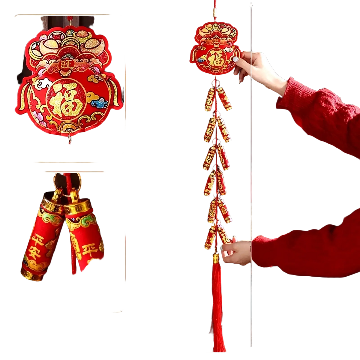 Red Chinese New Year horse hanging ornament with gold embroidered 福 character and cotton filling suspended by firecrackers