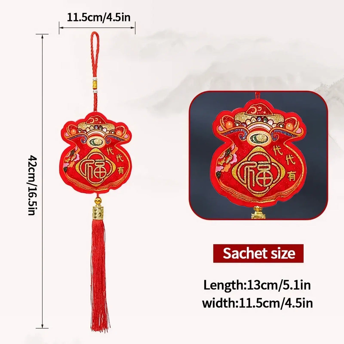 Red embroidered chinese sachet with gold thread and fortune character for chinese new year horse hanging ornament decor