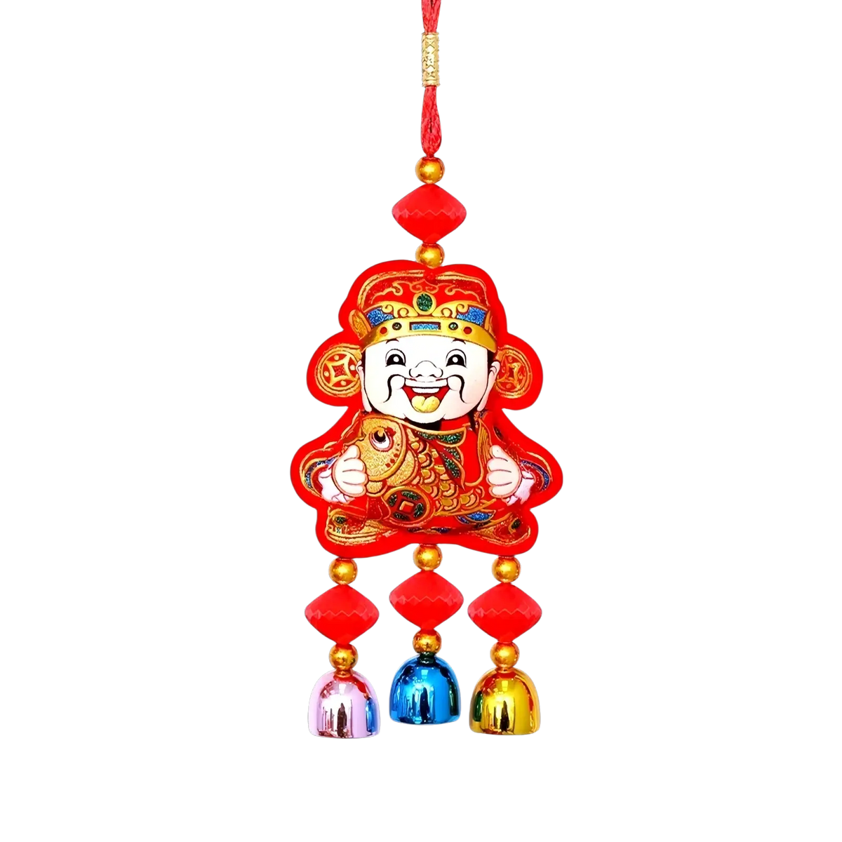 Chinese New Year horse hanging ornament featuring red embroidery gold accents and colorful bells for festive decor
