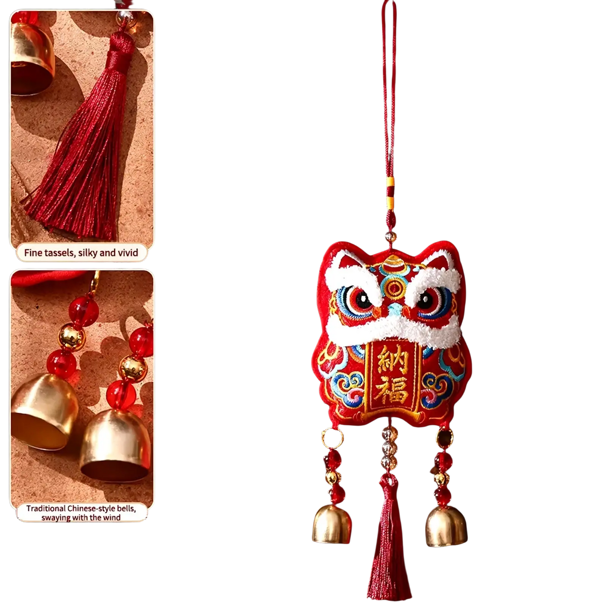 Red embroidered lion-shaped Chinese New Year horse hanging ornament with gold accents and festive tassel bells