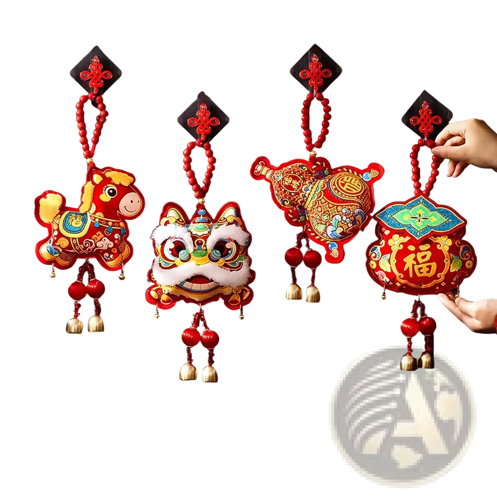 Red embroidered chinese new year horse hanging ornament with traditional motifs and festive tassel decor pouch