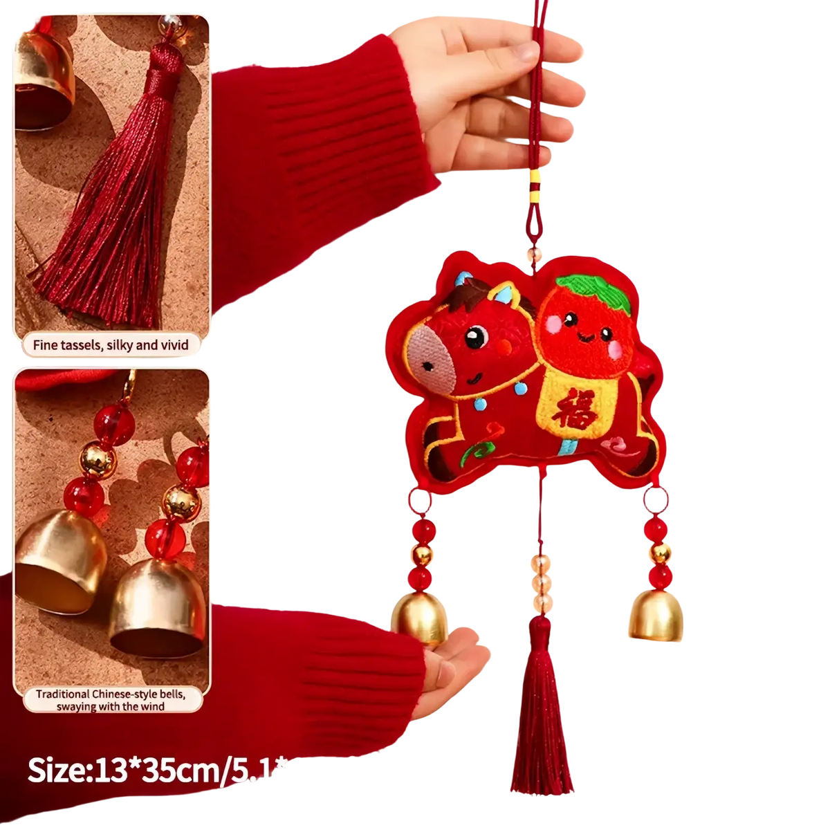 Red embroidered Chinese New Year horse hanging ornament with cow and tomato design gold bells red beads and tassels