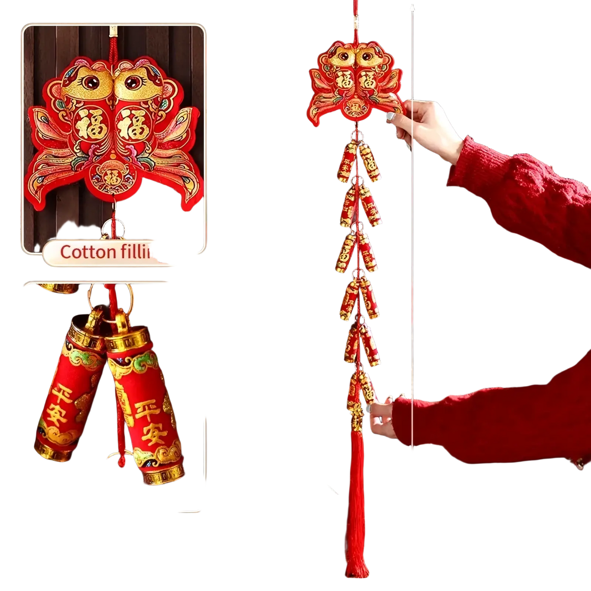Chinese new year horse hanging ornament featuring a red embroidered lion head with gold accents and decorative firecrackers