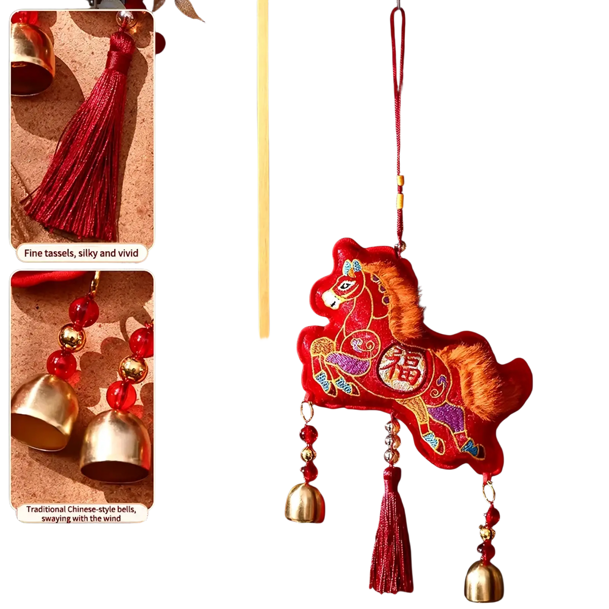 Red embroidered horse hanging ornament with gold and purple detailing featuring bells and tassels for chinese new year decor