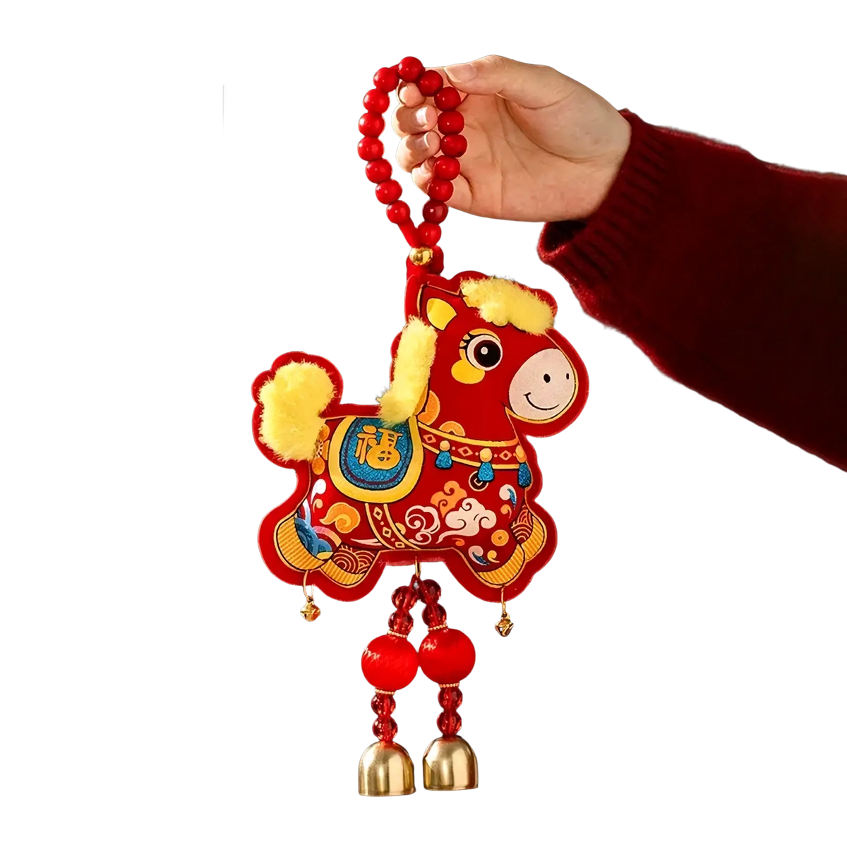 Chinese New Year horse hanging ornament with red embroidery, yellow fur accents, blue gold patterns, and golden bells