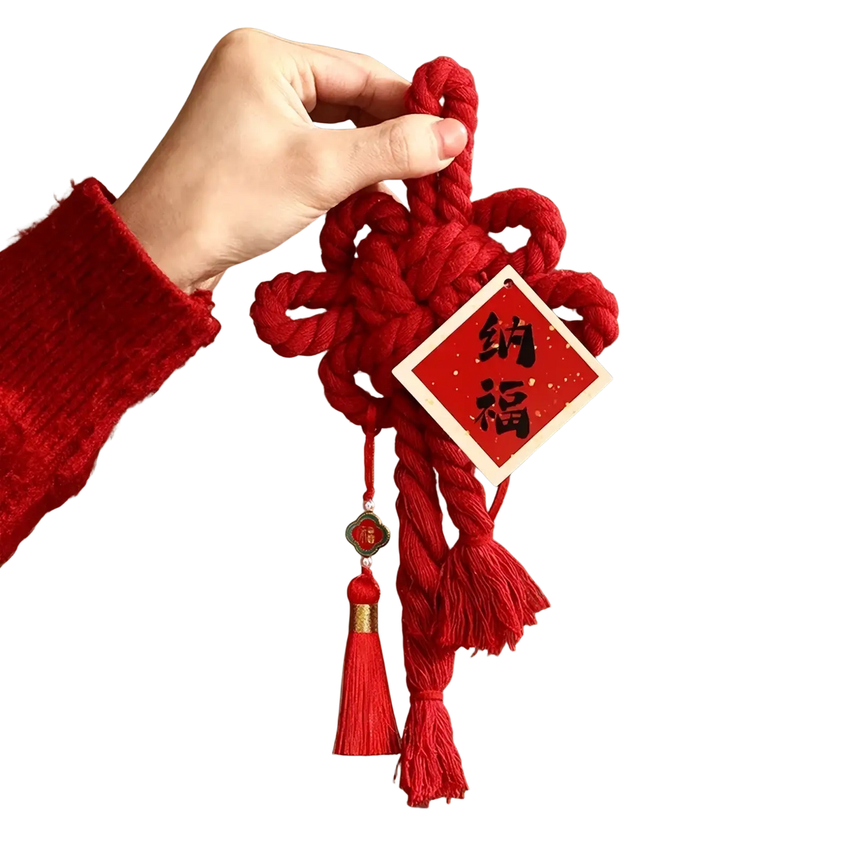 Chinese New Year horse hanging ornament featuring a red knotted charm with diamond-shaped tag and tassels