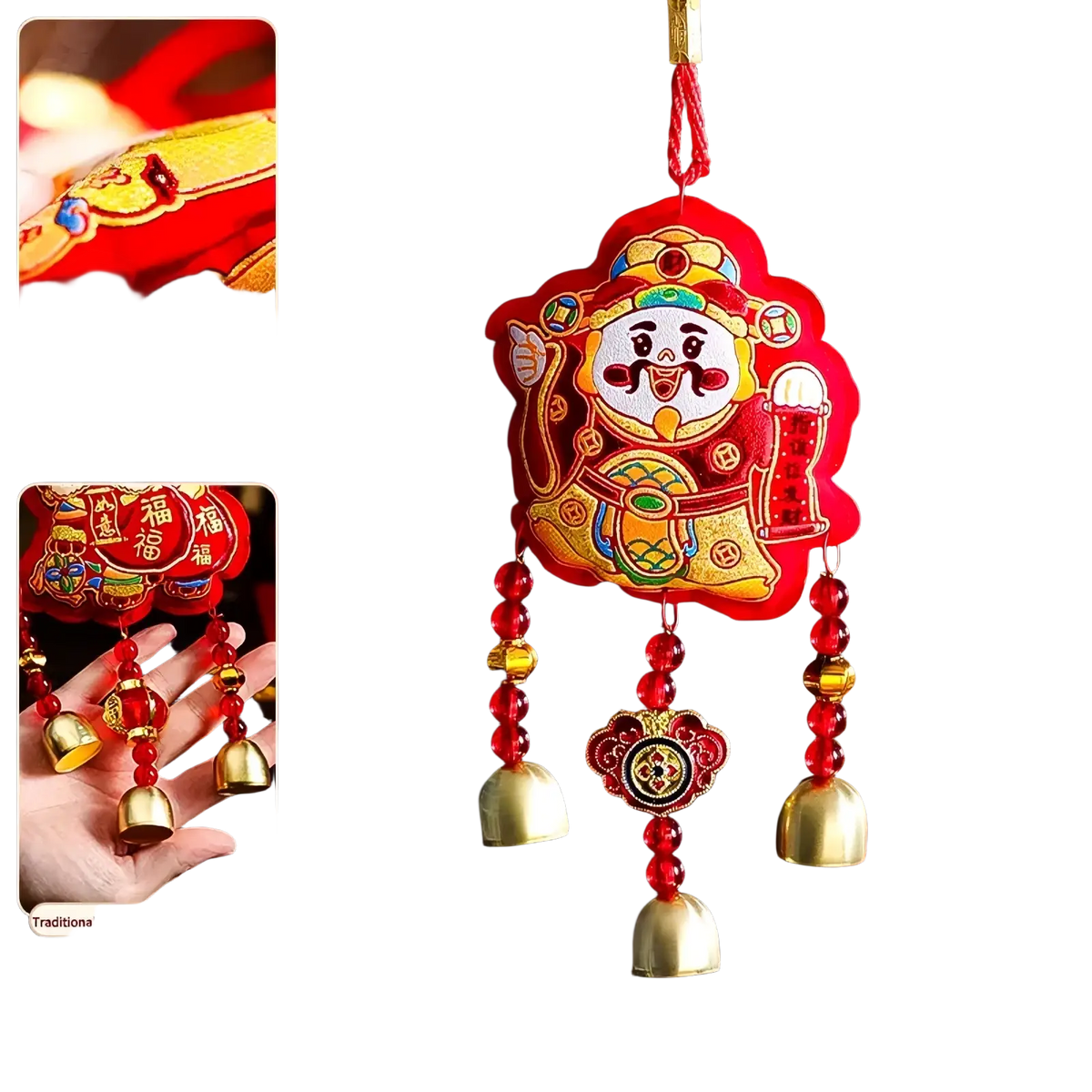 Red embroidered chinese fortune deity horse hanging ornament with gold accents and red beads festive tassel decor
