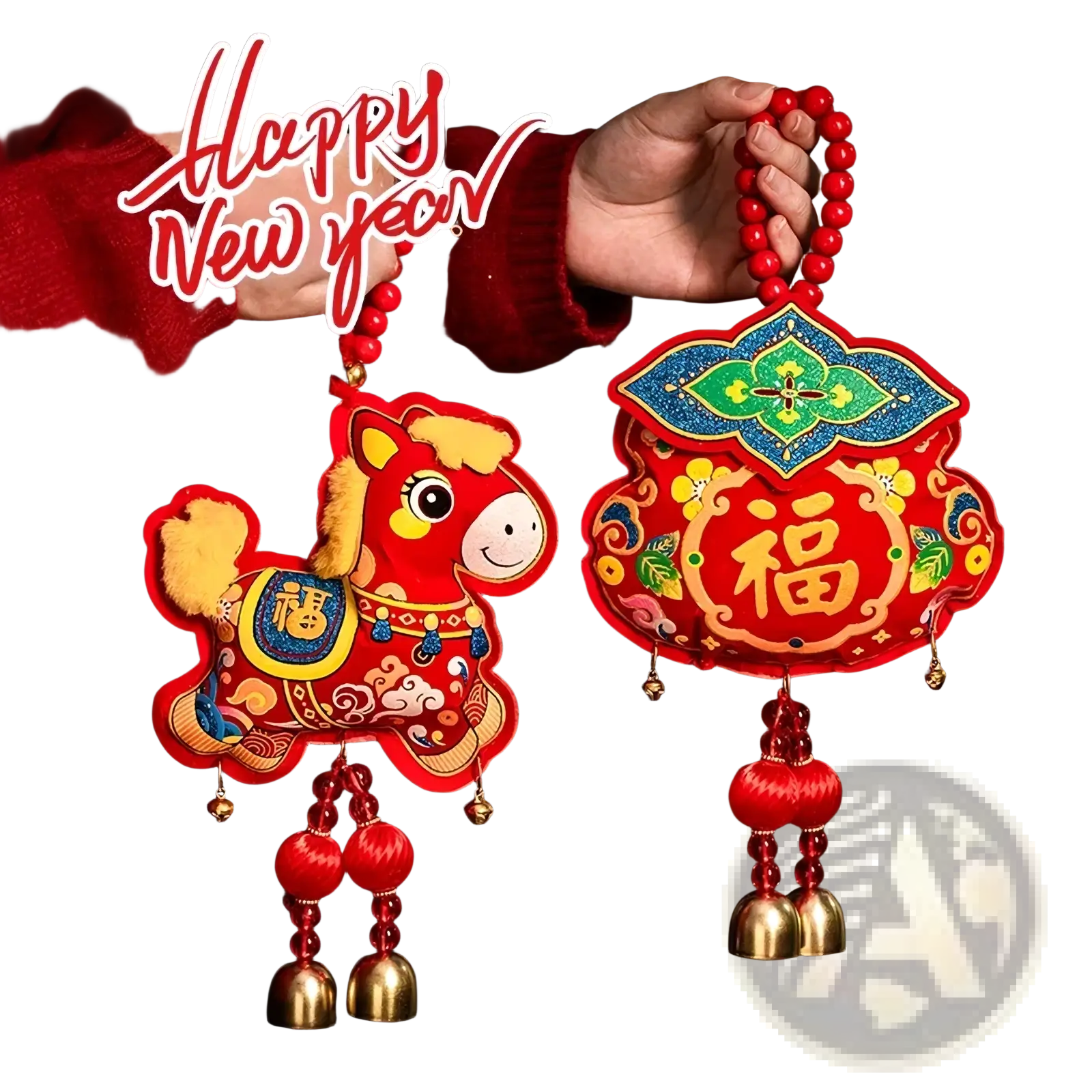 Red embroidered chinese new year horse hanging ornament with festive tassel pouch and gold threadwork decorations