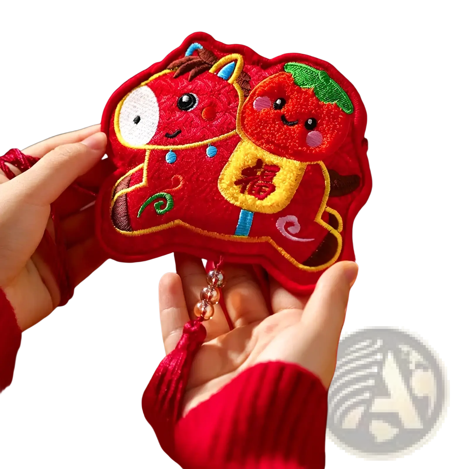 Red embroidered horse hanging ornament with yellow 福 character and smiling tomato companion festive tassel decor