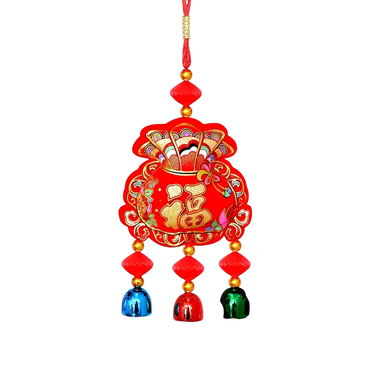 Red embroidered chinese fortune bag ornament with gold accents colorful bells and decorative tassel for new year decor