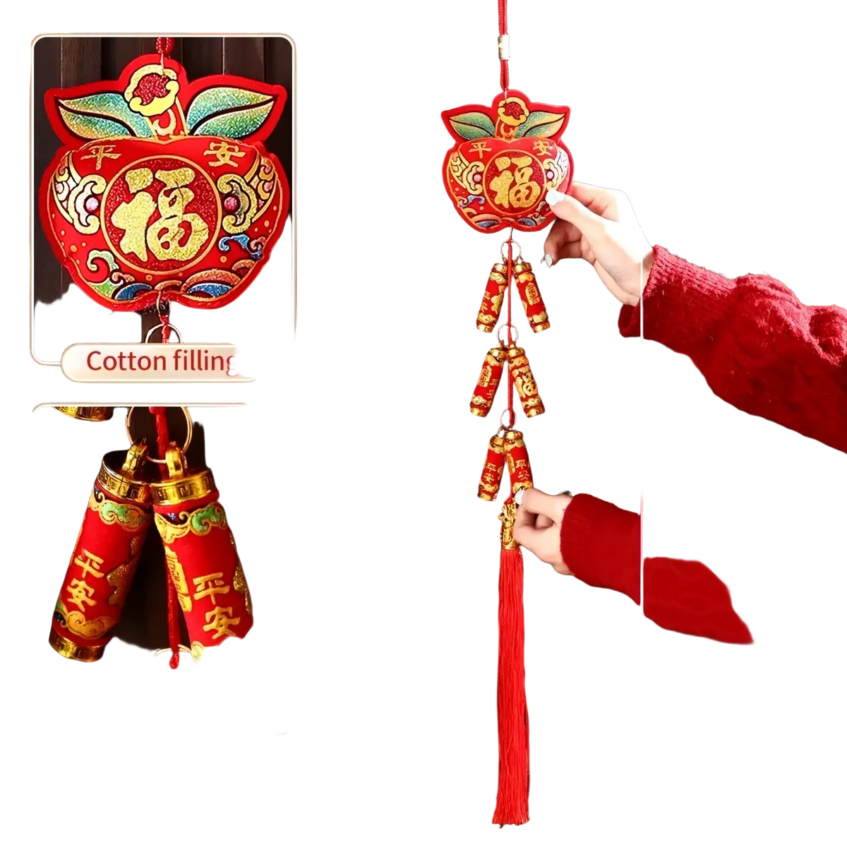 Chinese New Year horse hanging ornament red embroidered peach shape gold Chinese characters green leaves firecracker tassel