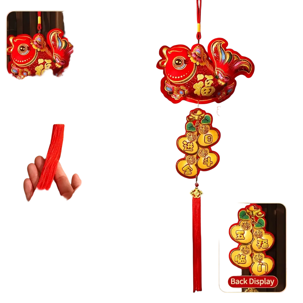Red embroidered fish-shaped hanging ornament with gold accents and tassel for chinese new year festive decor