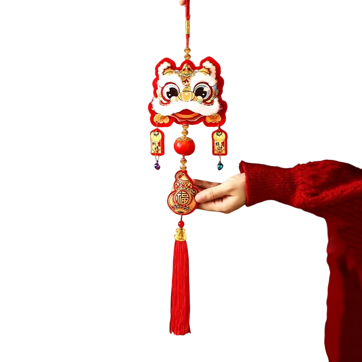 Red embroidered lion head ornament with gold accents and red tassel for chinese new year horse hanging decor