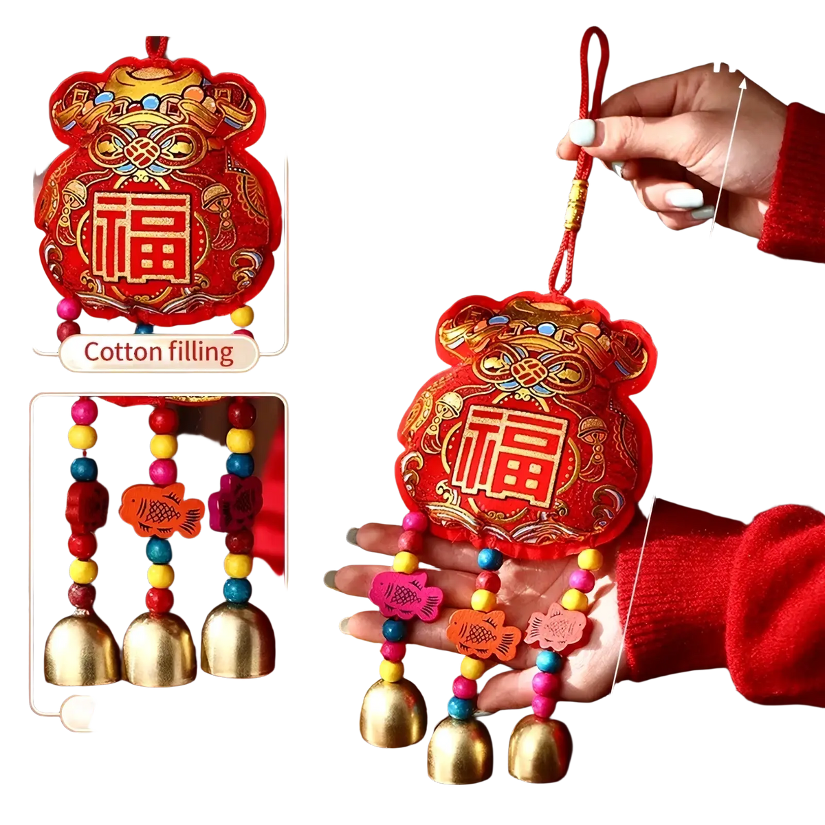 Red embroidered chinese new year horse hanging ornament with gold 福 embroidery, copper bells, and colorful fish beads