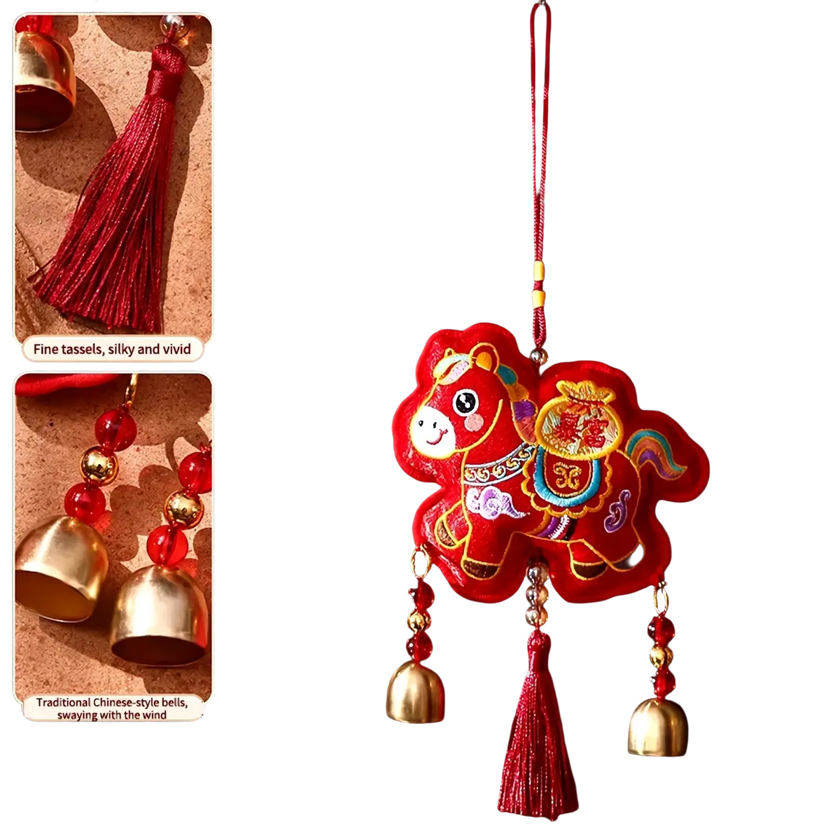 Red embroidered horse hanging ornament with gold accents, dangling bells, and festive tassels for Chinese New Year decor