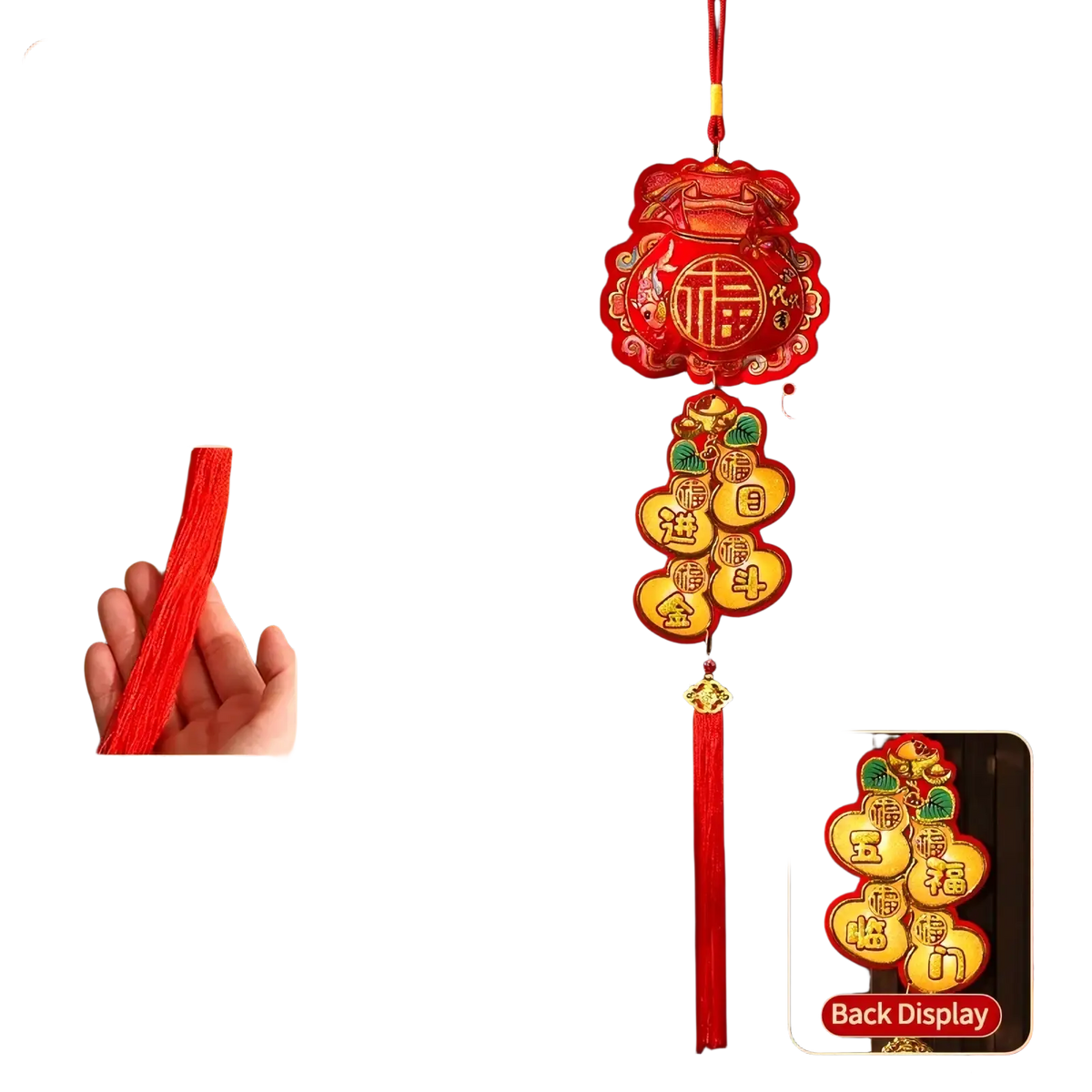 Red decorative Chinese New Year horse hanging ornament with gold accents and traditional characters festive tassel