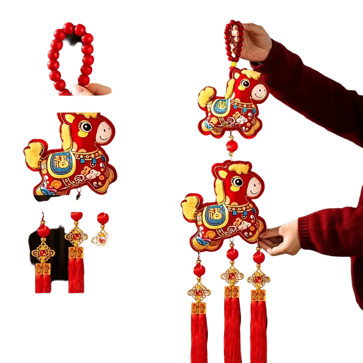 Red embroidered horse hanging ornament with gold detailing and red tassels for Chinese New Year festive decor