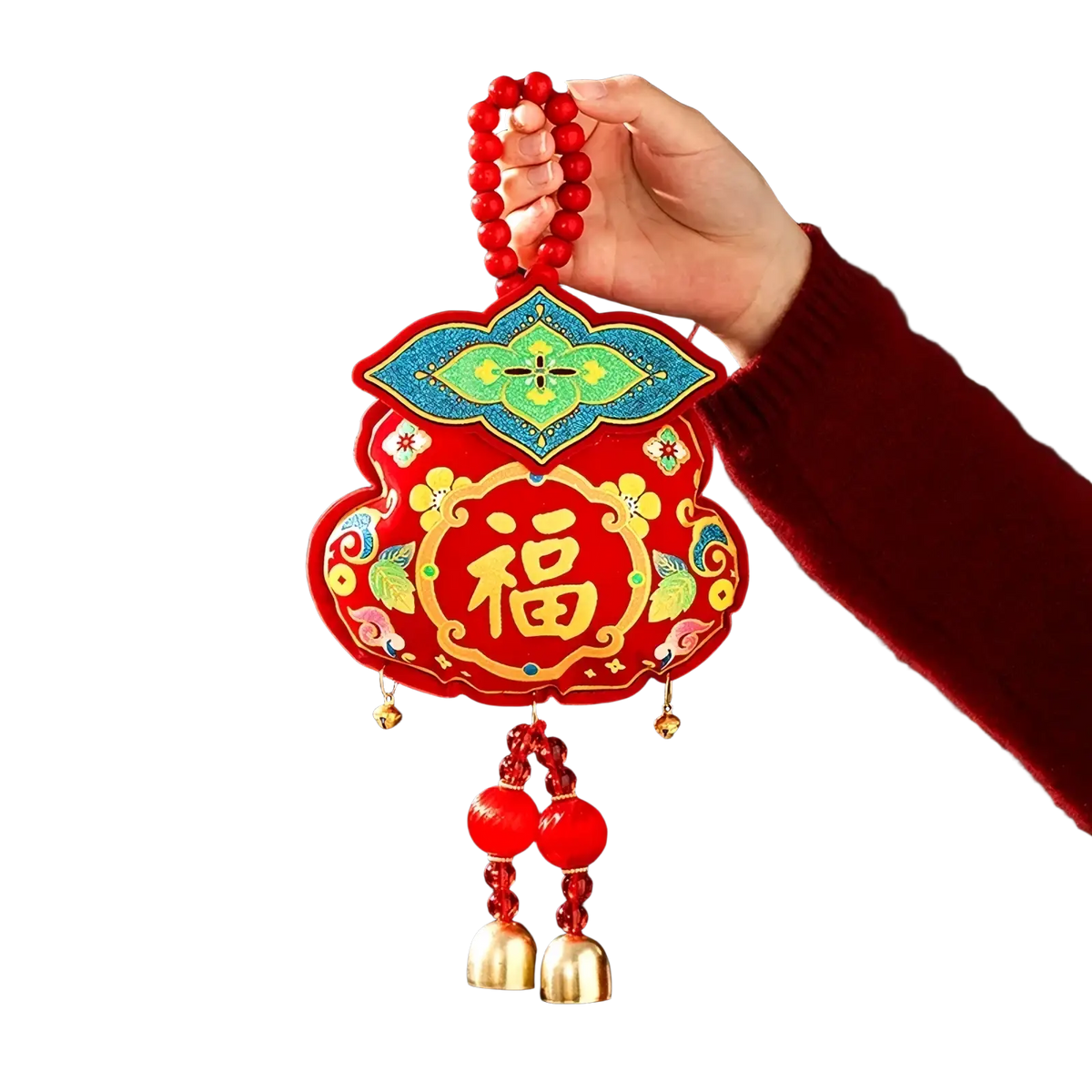 Red embroidered chinese new year horse hanging ornament with golden fu character blue green patterns and tassel decor