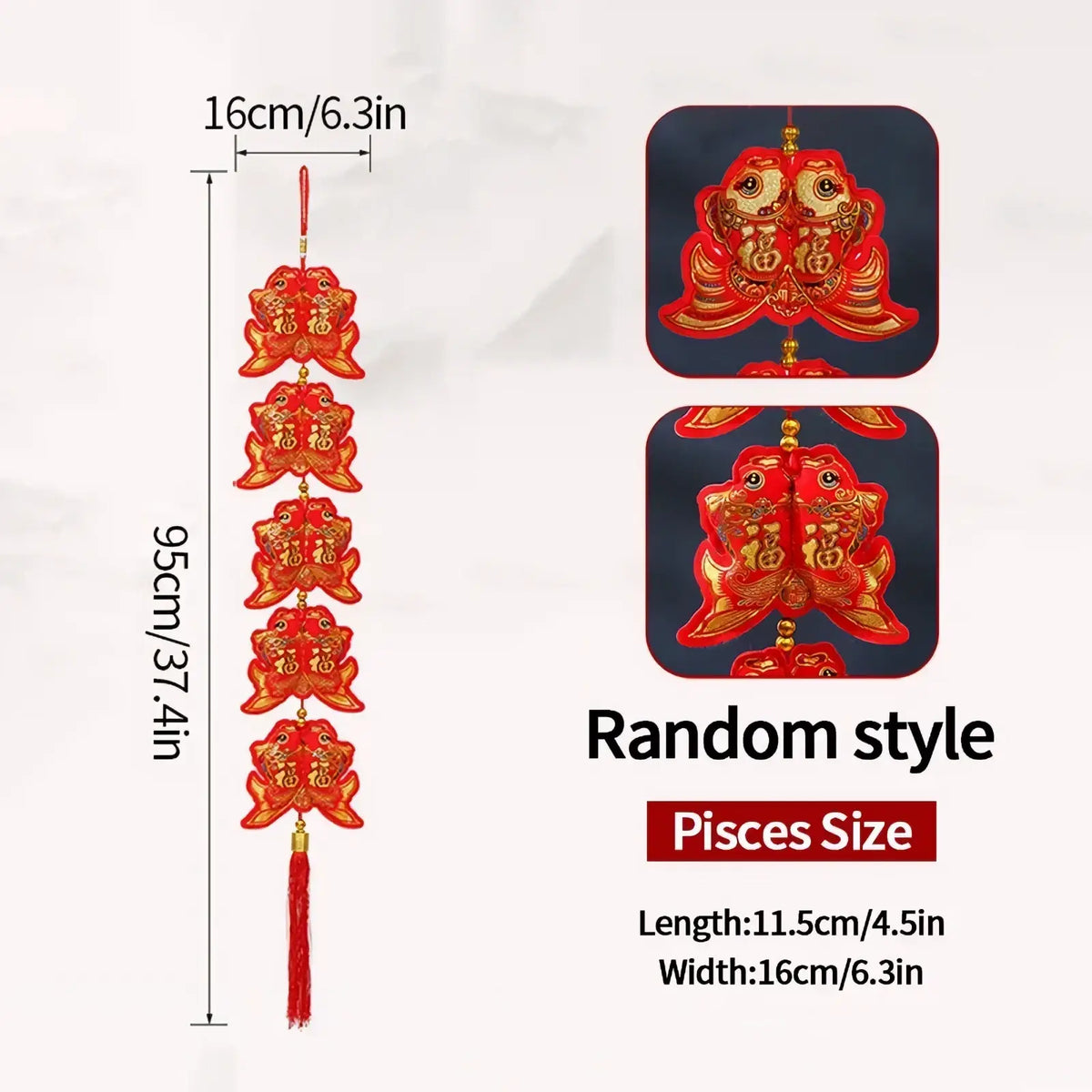 Red embroidered fish-shaped hanging ornament with gold thread detailing and matching tassel for chinese new year decor