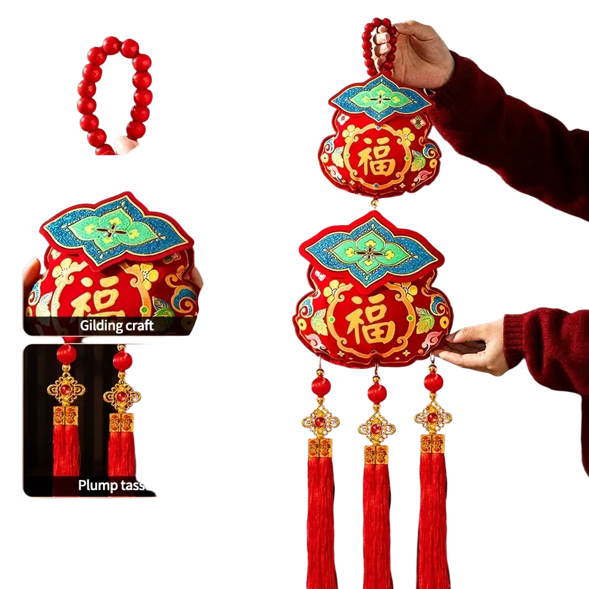 Red embroidered chinese new year horse hanging ornament with gold and green detailing featuring central 福 character