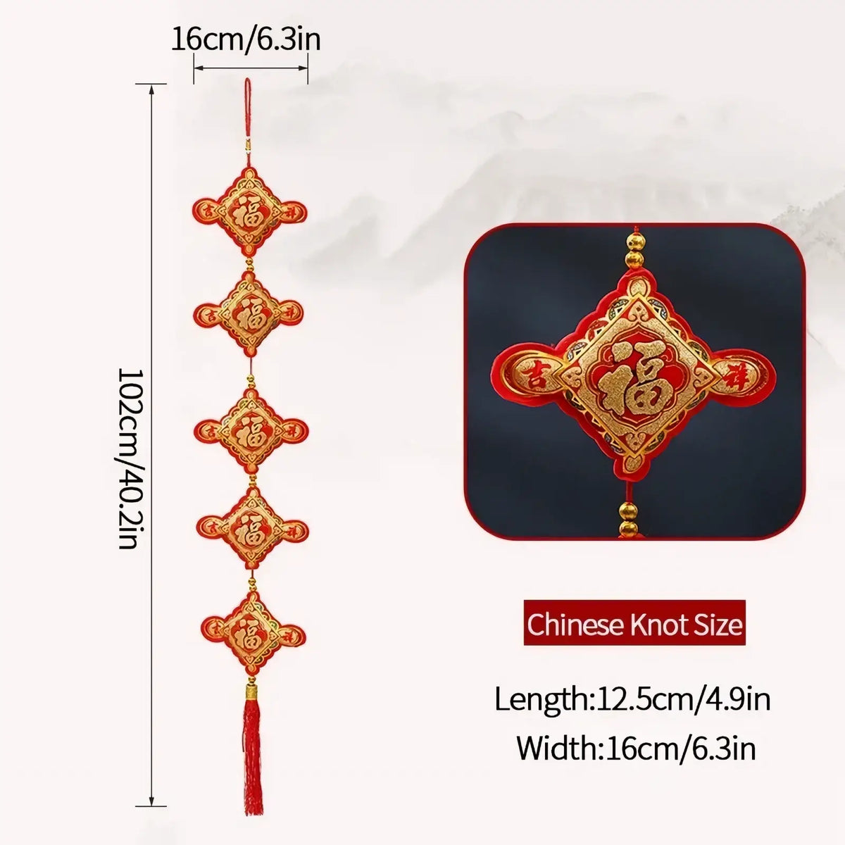 Red and gold embroidered chinese knot horse hanging ornament with intricate fu characters and festive tassel decor
