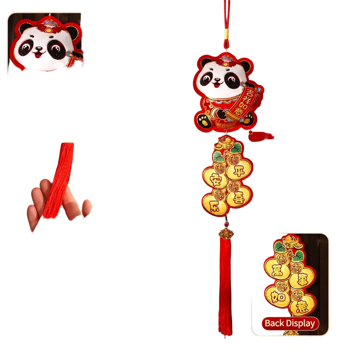 Chinese New Year horse hanging ornament in red and gold with panda shape and embroidered Chinese characters on robe