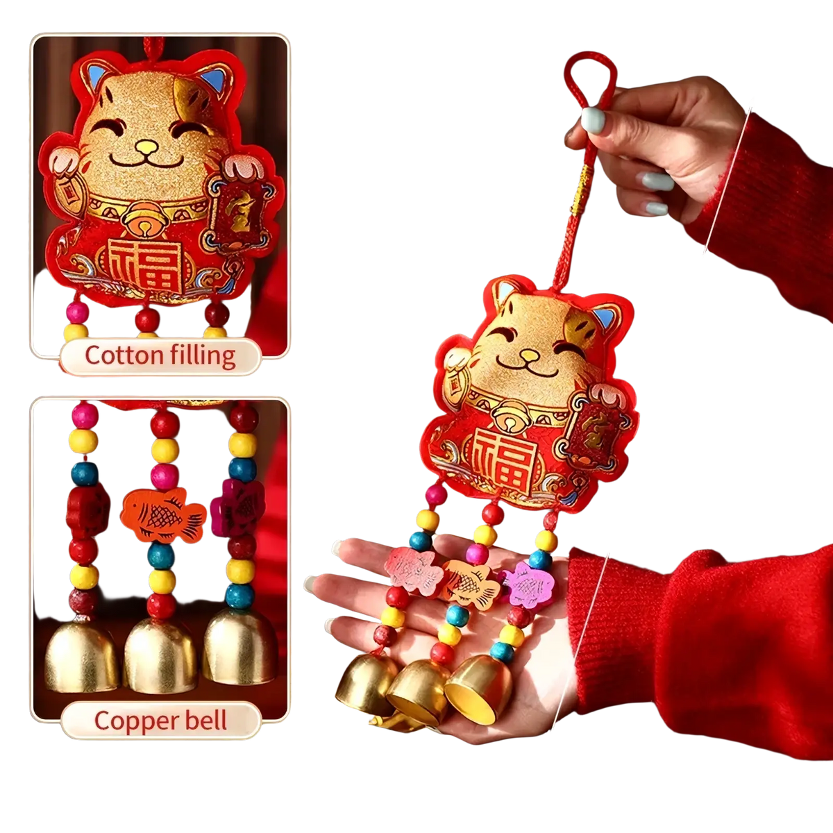 Red and gold embroidered lucky cat ornament with colorful beads and copper bells for chinese new year hanging decor