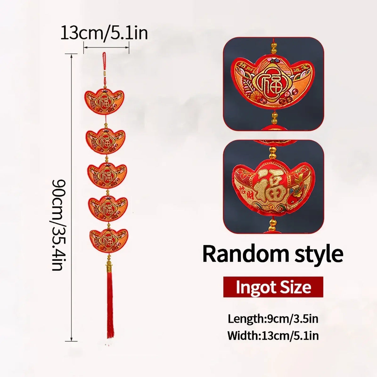 Red and gold embroidered chinese new year horse hanging ornament with ingot design and fu character tassel decor