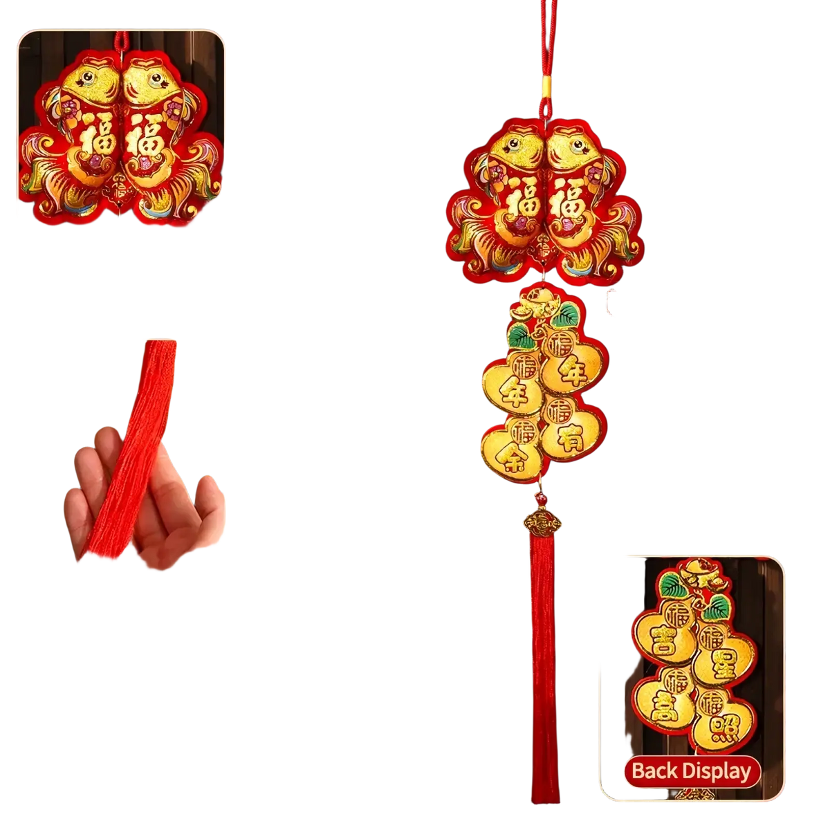 Red and gold embroidered chinese new year horse hanging ornament with two fish and golden coins festive tassel decor